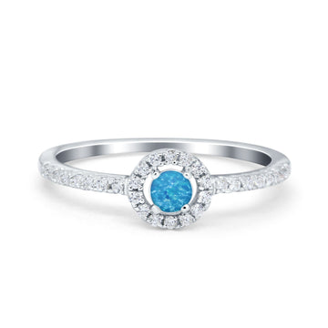 Petite Dainty Halo Ring Round Lab Created Blue Opal 925 Sterling Silver